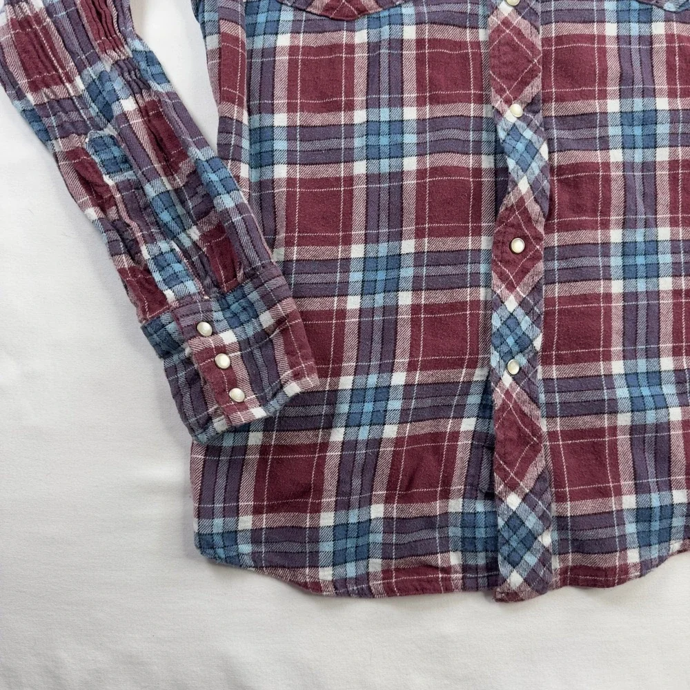 Wrangler Shirt Men's Large Flannel Red Blue Plaid Long Sleeve Button Down